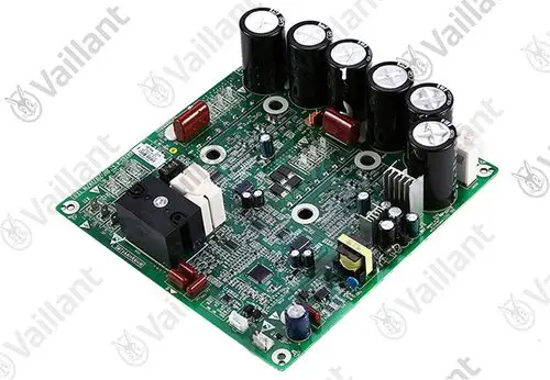 Leiterplatte von Vaillant mit mehreren Kondensatoren, Widerständen und einem Kühlkörper, geeignet für Inverter-Klimaanlagen.